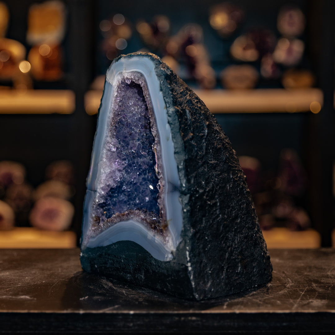 Brazilian Amethyst Cathedral with Thick Blue Agate "Halo" | 7.0kg Triangular Geode Specimen | Deep Purple Crystal Cave Decor