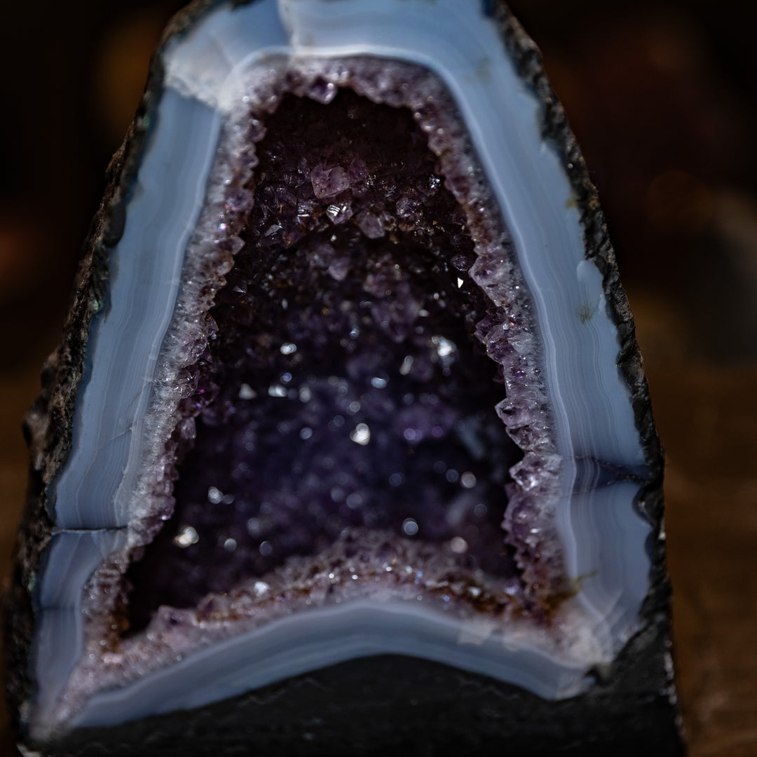 Brazilian Amethyst Cathedral with Thick Blue Agate "Halo" | 7.0kg Triangular Geode Specimen | Deep Purple Crystal Cave Decor