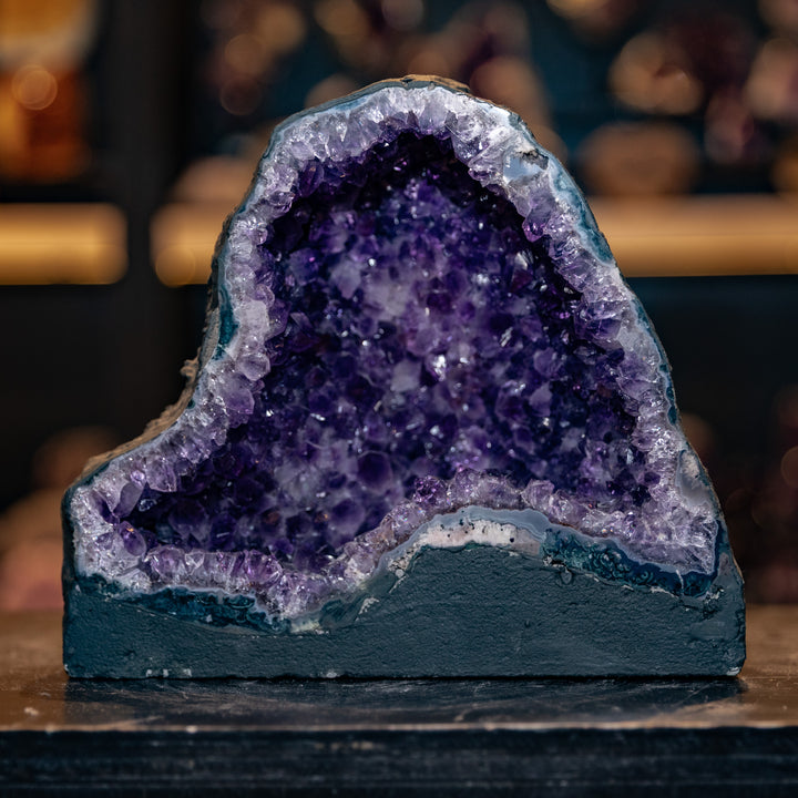 Organic Shaped Amethyst Cathedral Geode | 6.3kg Deep Purple Brazilian Crystal | Thick Blue Agate Rim & Free-Form Cave