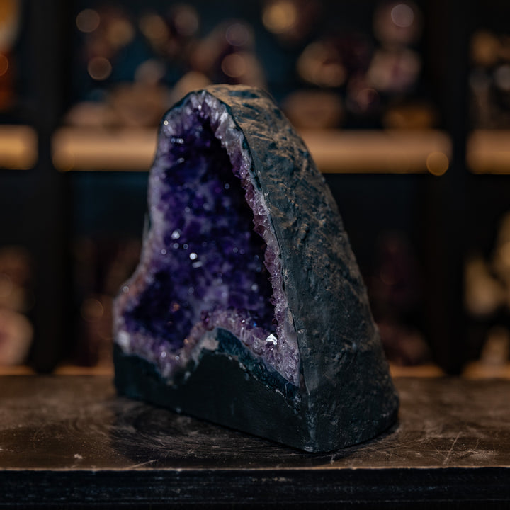 Organic Shaped Amethyst Cathedral Geode | 6.3kg Deep Purple Brazilian Crystal | Thick Blue Agate Rim & Free-Form Cave