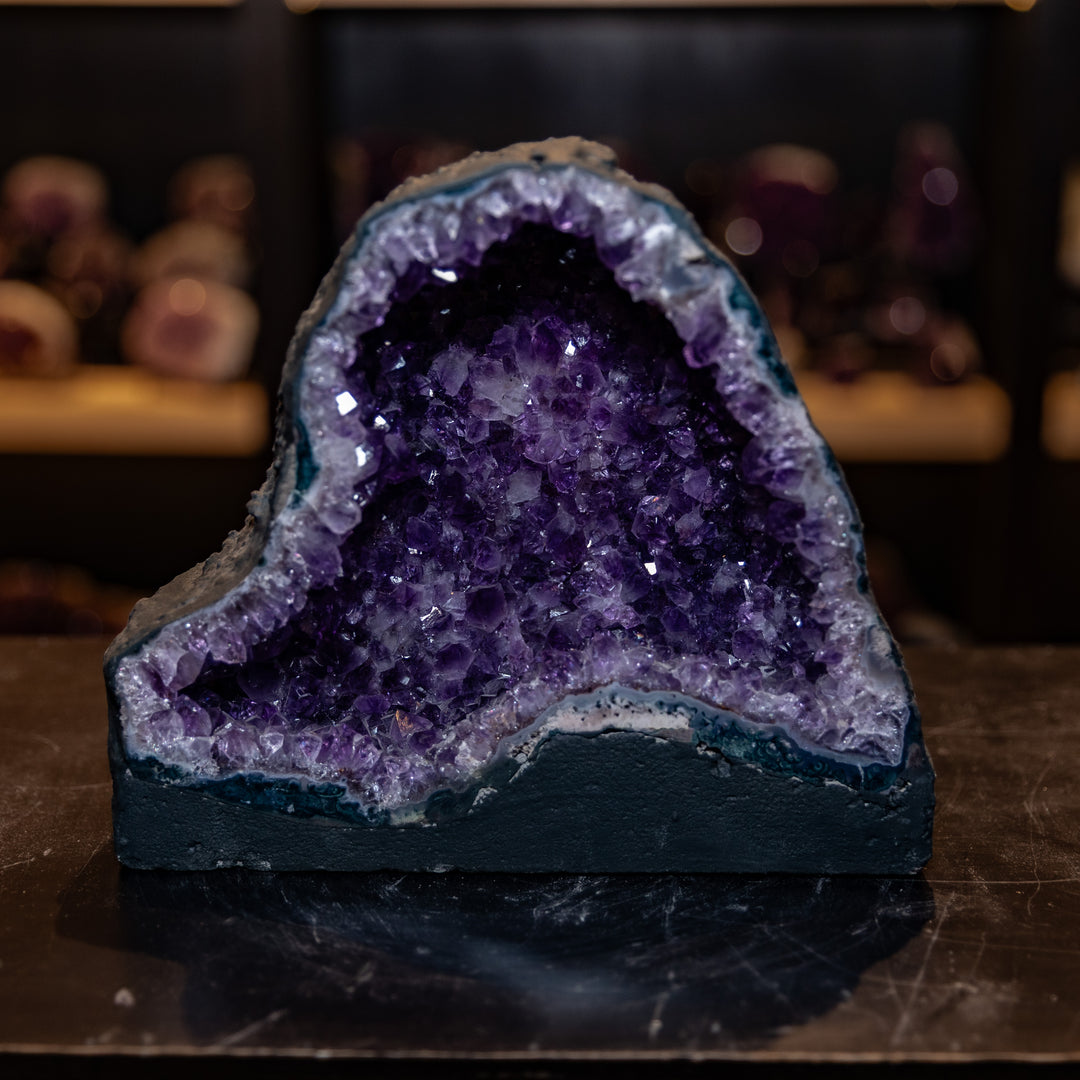 Organic Shaped Amethyst Cathedral Geode | 6.3kg Deep Purple Brazilian Crystal | Thick Blue Agate Rim & Free-Form Cave