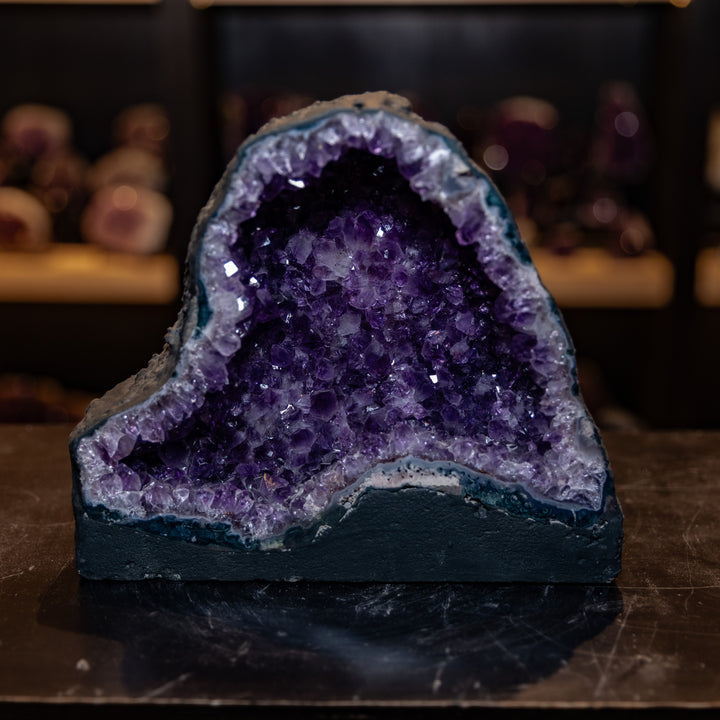 Organic Shaped Amethyst Cathedral Geode | 6.3kg Deep Purple Brazilian Crystal | Thick Blue Agate Rim & Free-Form Cave