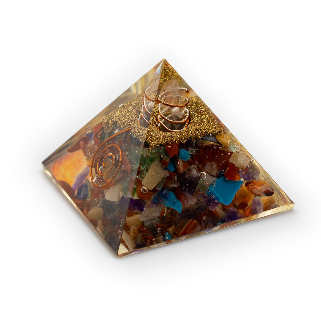 Chakra Orgonite Pyramid with Copper Spiral – Energy Cleanser & Spiritual Alignment Tool