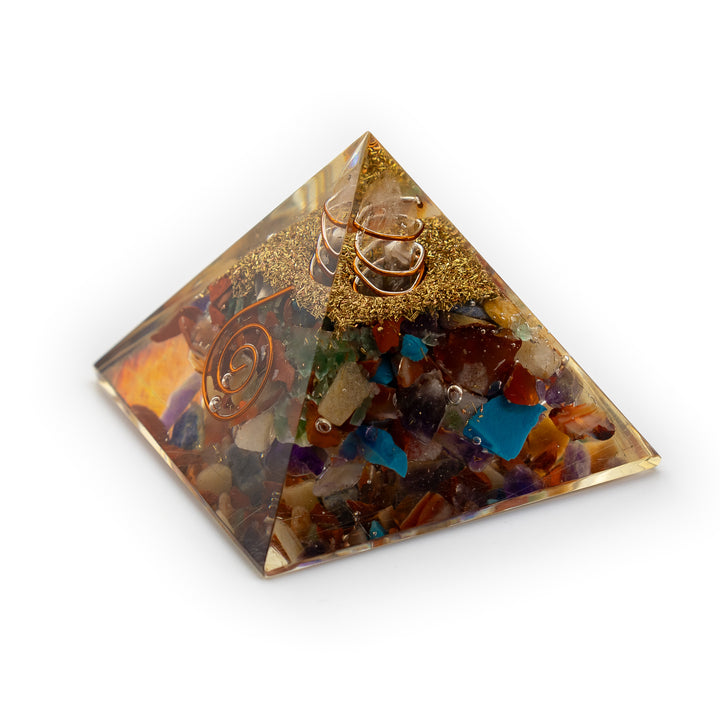 Chakra Orgonite Pyramid with Copper Spiral – Energy Cleanser & Spiritual Alignment Tool