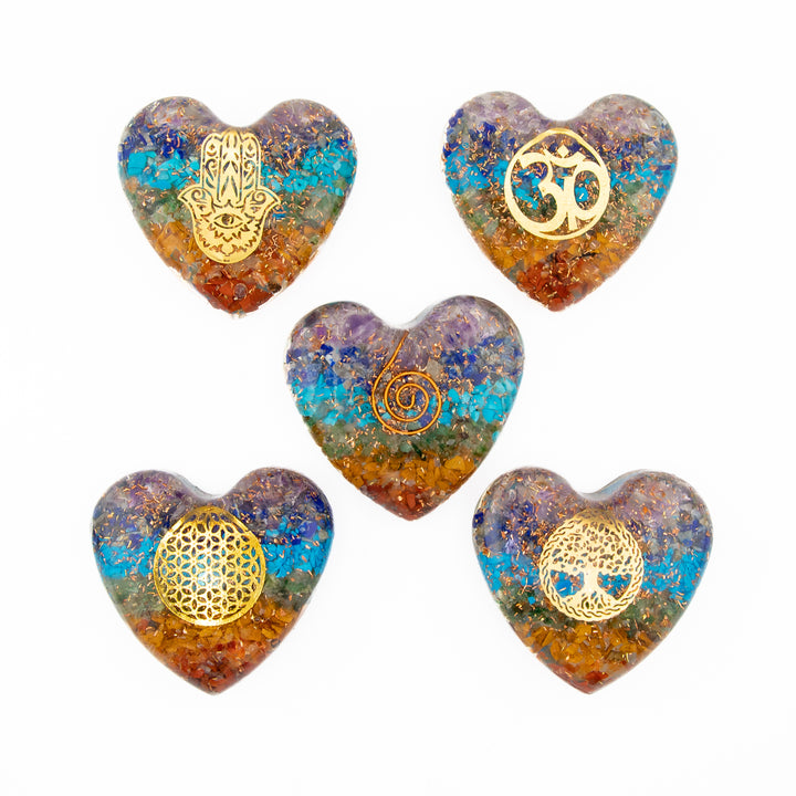 Chakra Orgonite Heart with Gold Symbol – Energy Alignment & Vibrational Harmony