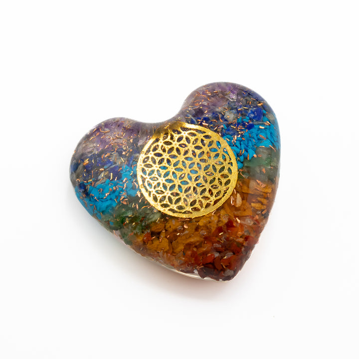 Chakra Orgonite Heart with Gold Symbol – Energy Alignment & Vibrational Harmony