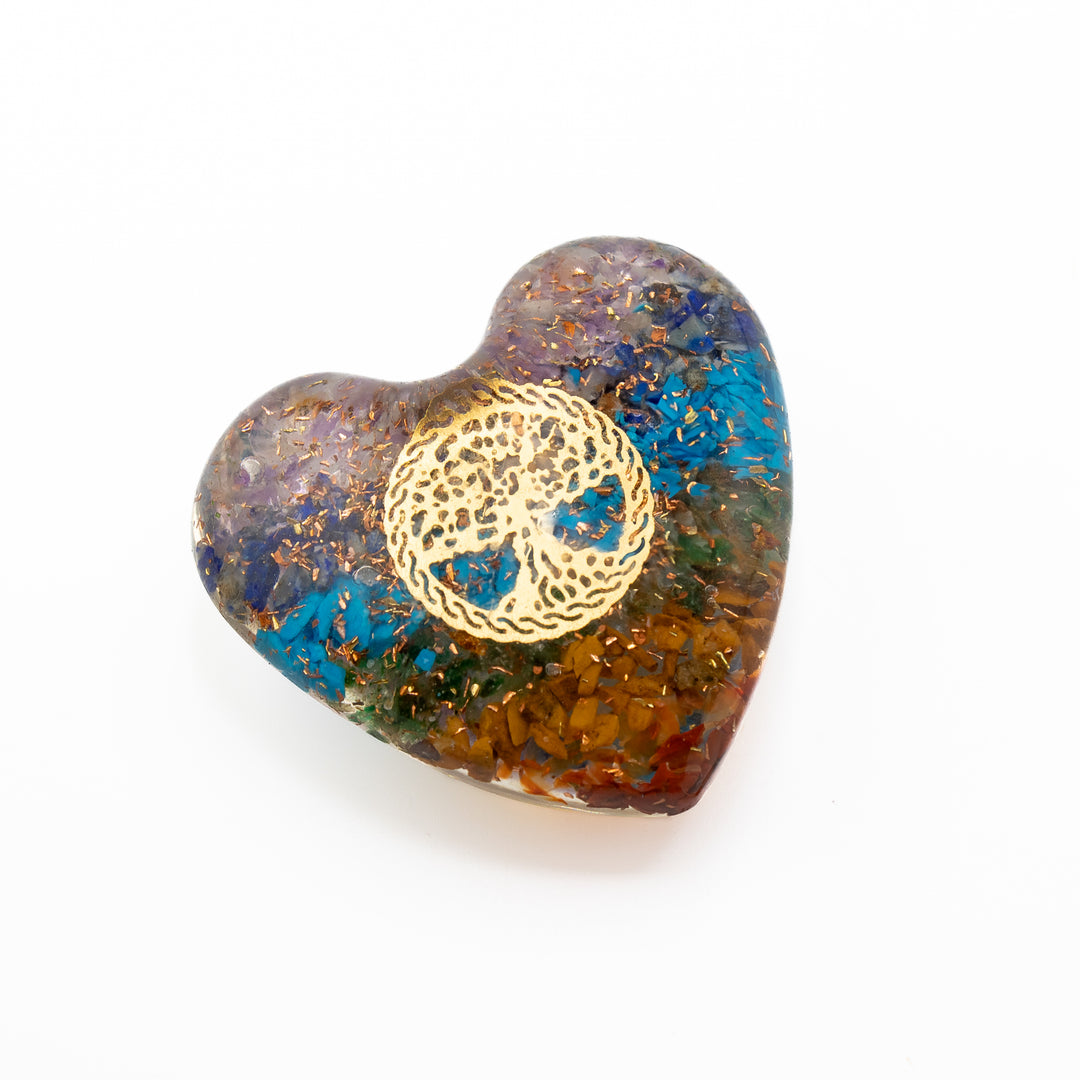 Chakra Orgonite Heart with Gold Symbol – Energy Alignment & Vibrational Harmony