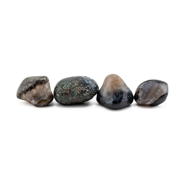 Four dark agate tumbled stones lined up in a neat horizontal row against a solid white background.