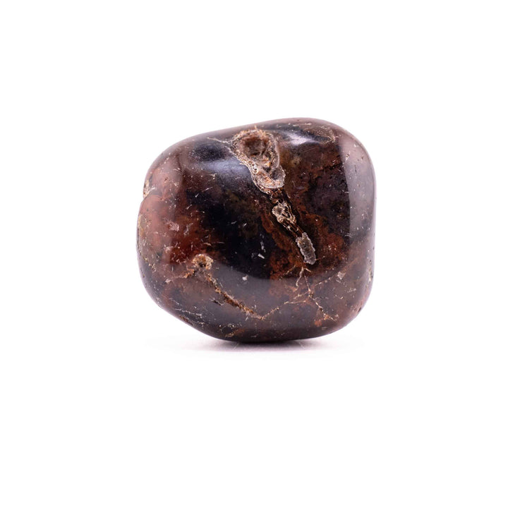 A single, dark polished agate stone set centrally against a white background.