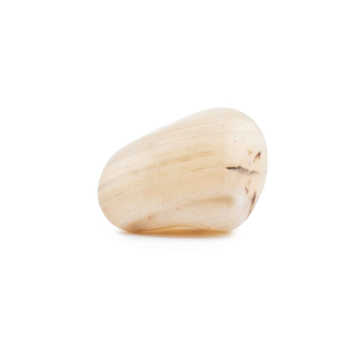 A smooth, pale agate tumbled stone positioned centrally against a solid white backdrop.
