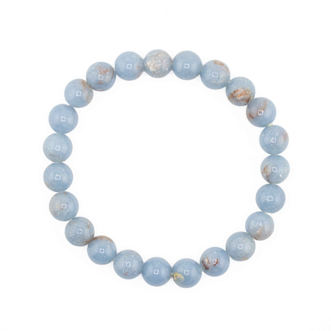Natural Angelite beaded stretch bracelet featuring smooth, round soft sky-blue gemstone spheres with subtle brown matrix spots