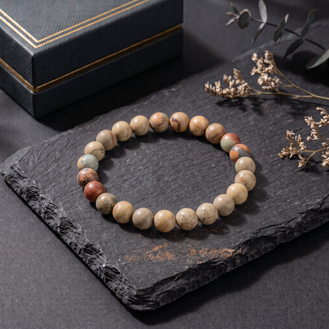 Aqua Terra Jasper Metal-Free Stretch Bracelet – 8mm Calming Earth & Sea Stone Jewelry