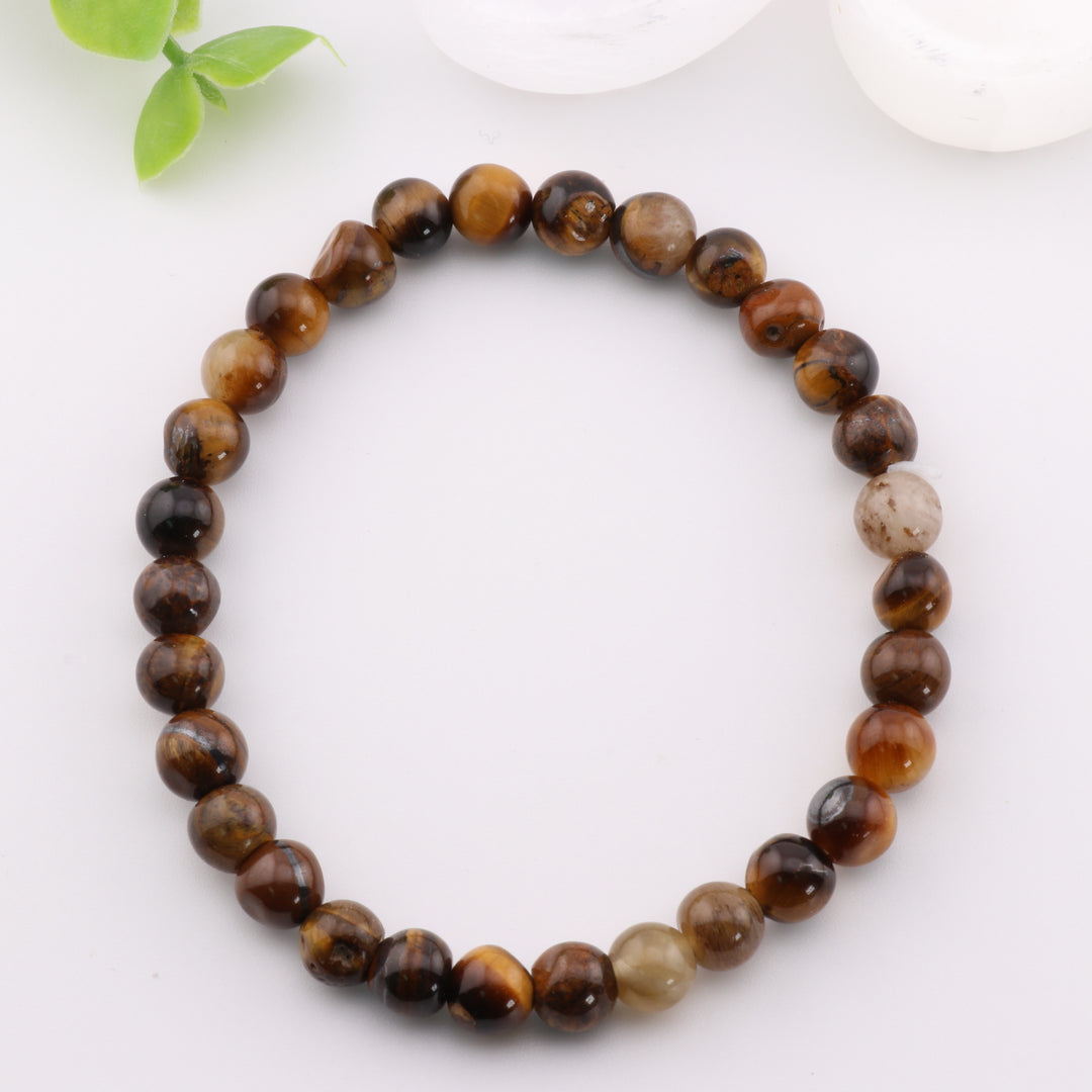 Natural Tiger Eye Gemstone Bracelet - Metal Free, 6mm - Gemstone Confidence Bracelet