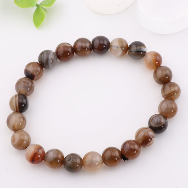 Natural Brown Stripe Agate Bracelet - Metal-Free, 8 mm - Unique Fashion Accessory