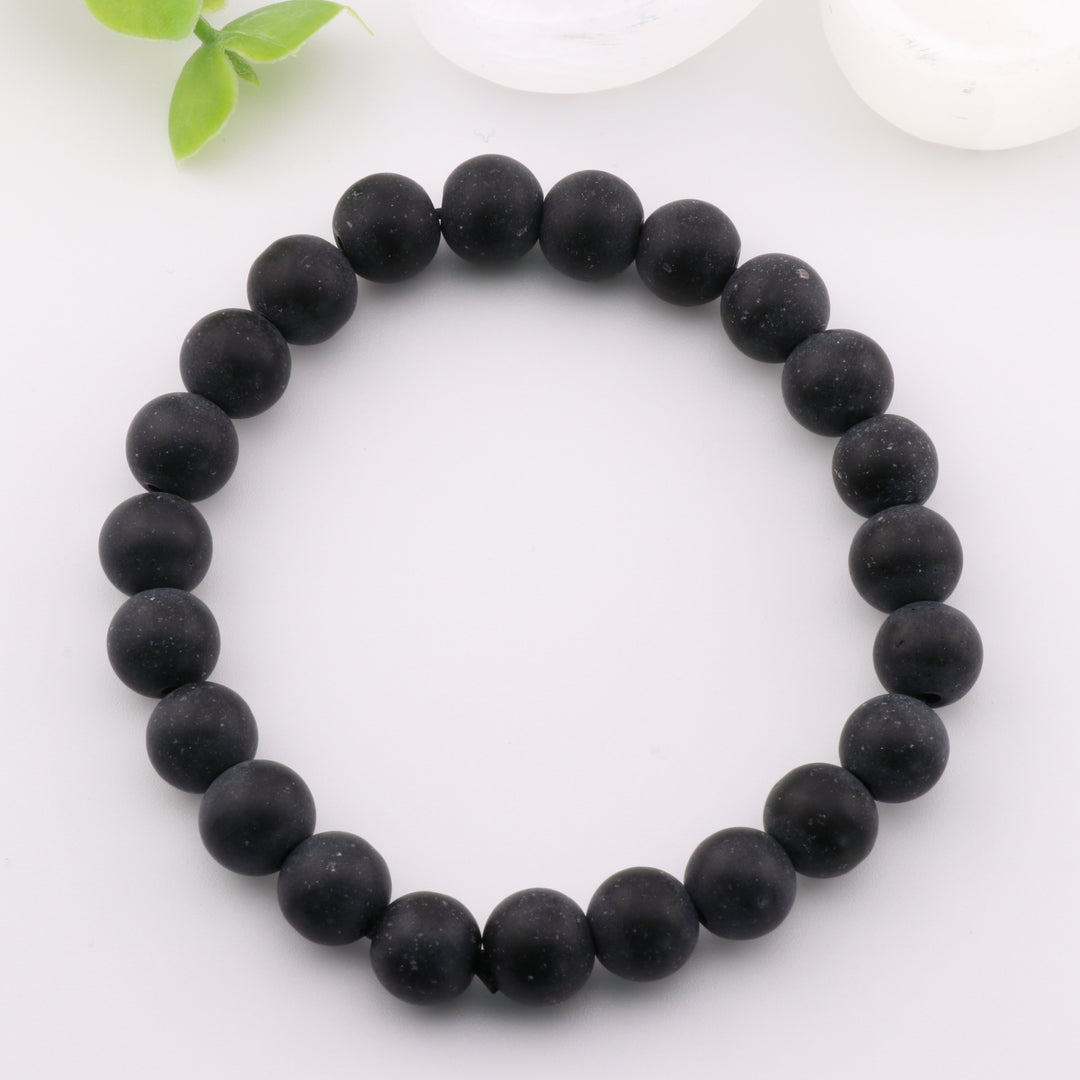 Natural Frosted Black Stone Gemstone Bracelet - Metal Free, 8mm - Unique, Stylish Jewelry