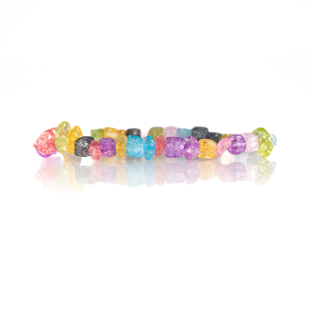 A vibrant multi-colored tumbled bead bracelet featuring irregular shapes, varied textures, and a subtle sparkling reflection on a pristine white background