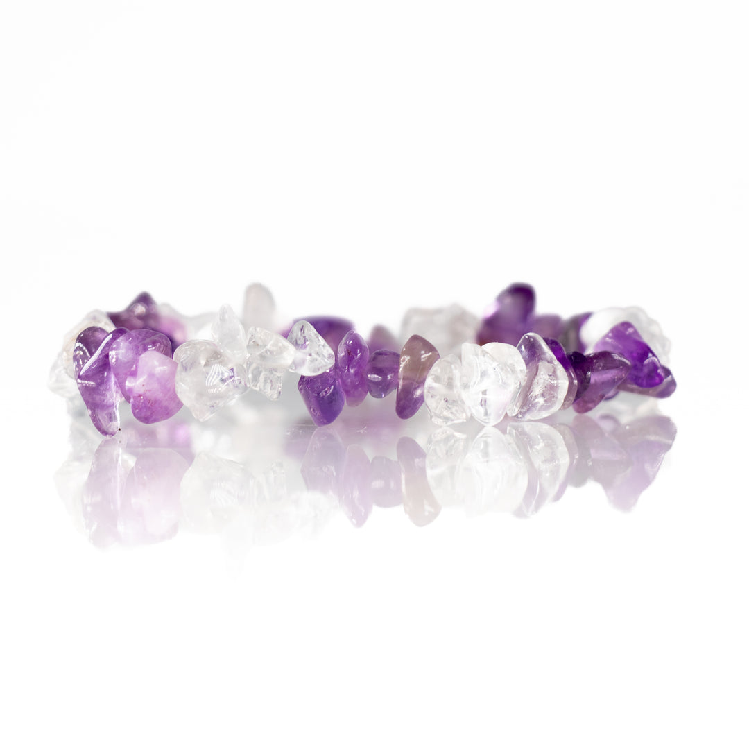 Natural Amethyst & Clear Quartz Chip Stone Bracelet – Metal-Free, 5-8mm