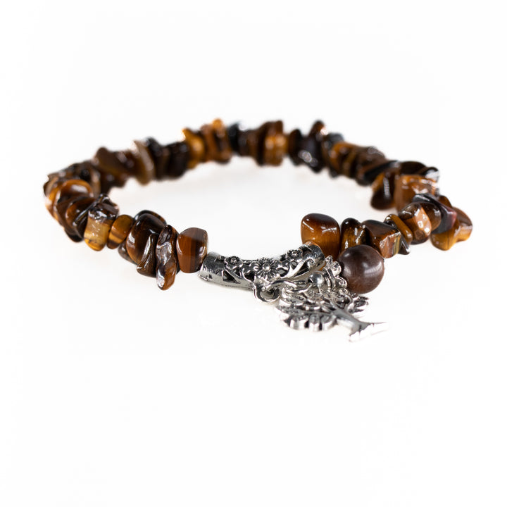 Pulsera de piedra natural de ojo de tigre (sin metal, 5-8 mm) con dije del Árbol de la Vida