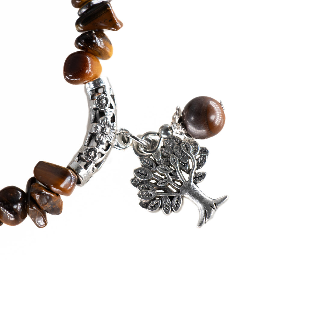 Pulsera de piedra natural de ojo de tigre (sin metal, 5-8 mm) con dije del Árbol de la Vida