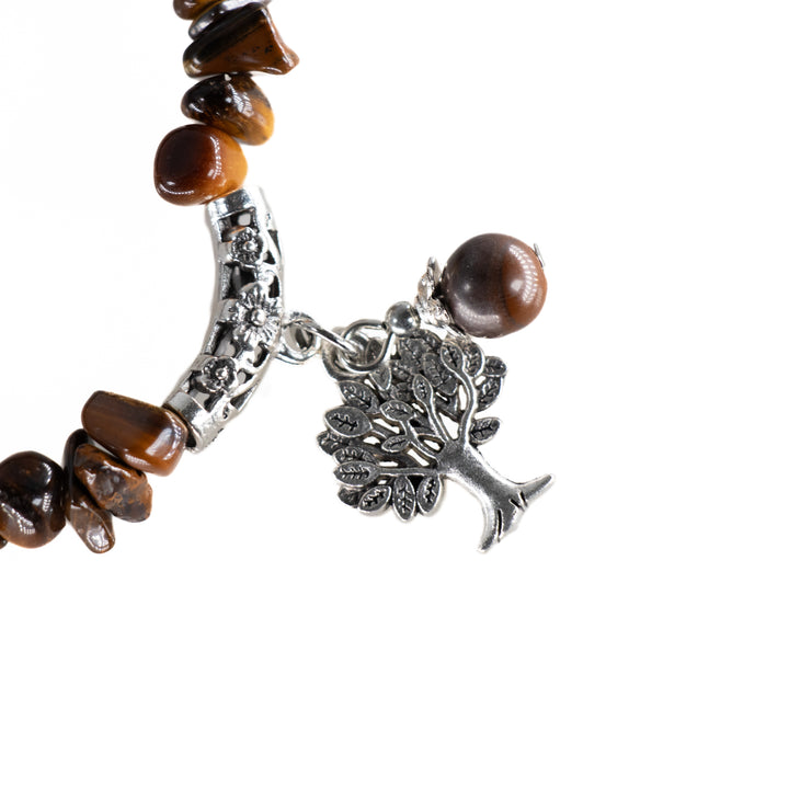 Pulsera de piedra natural de ojo de tigre (sin metal, 5-8 mm) con dije del Árbol de la Vida