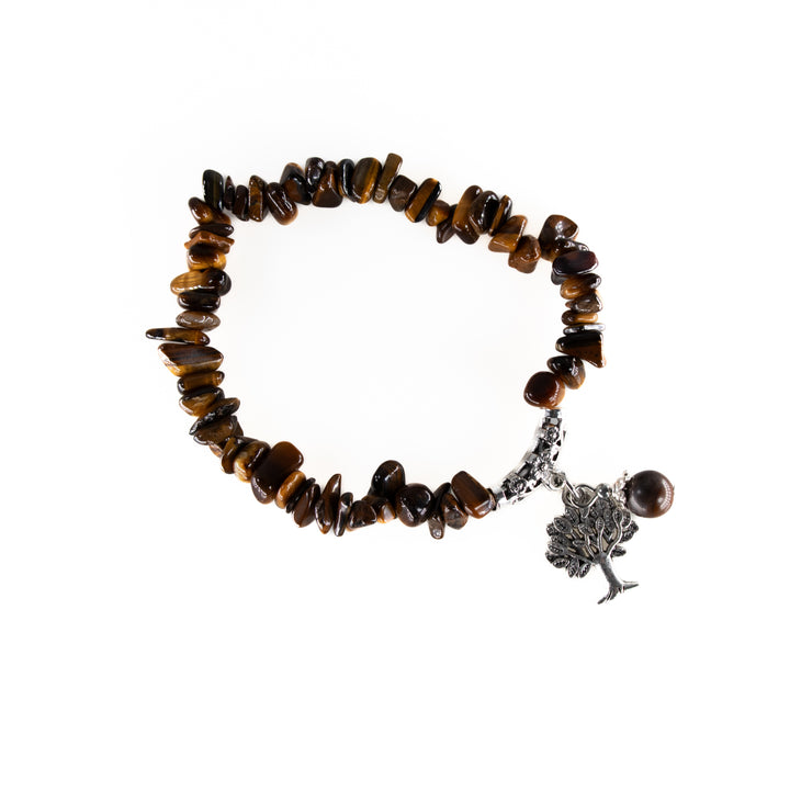 Pulsera de piedra natural de ojo de tigre (sin metal, 5-8 mm) con dije del Árbol de la Vida