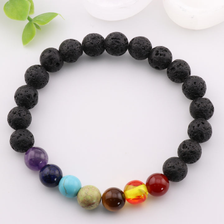 Natural Lava Stone and Chakra Bracelet - Metal Free, 8mm - Chakra Balancing Bracelet