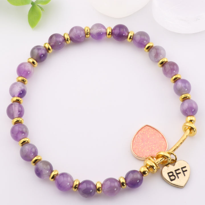 Natural Amethyst Heart Charm Bracelet - 6mm Beads, Versatile Fashion Accessory