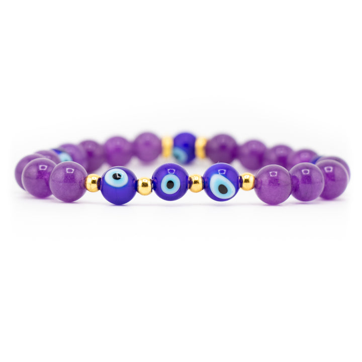 Natural Amethyst & Evil Eye Bead Bracelet - 8mm, Protection & Spiritual Harmony