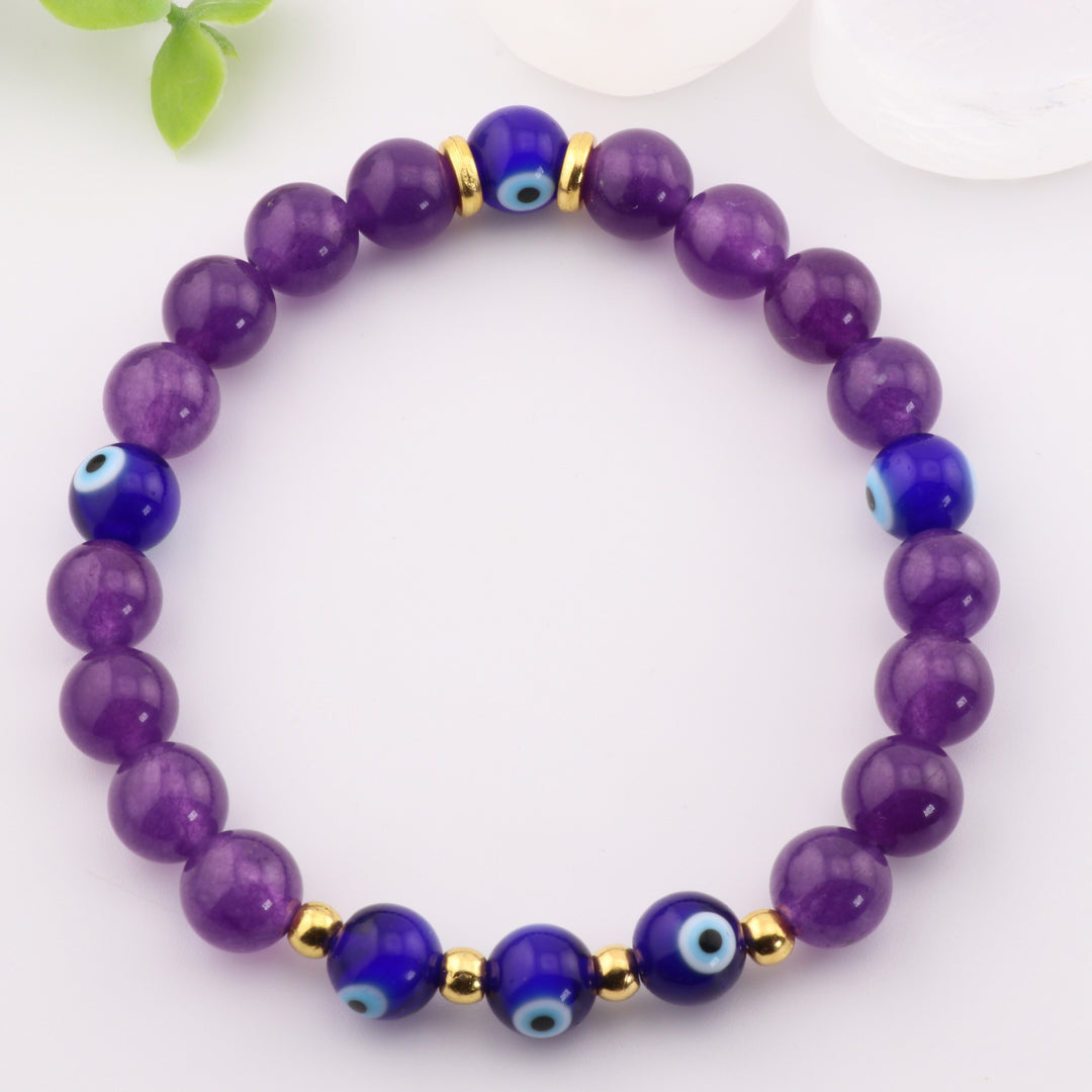 Natural Amethyst & Evil Eye Bead Bracelet - 8mm, Protection & Spiritual Harmony