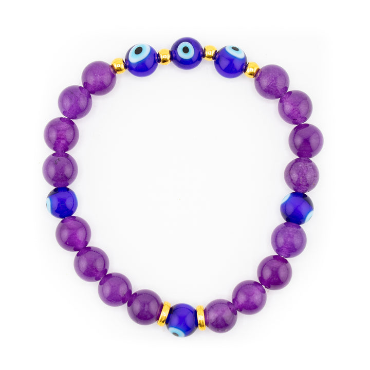 Natural Amethyst & Evil Eye Bead Bracelet - 8mm, Protection & Spiritual Harmony