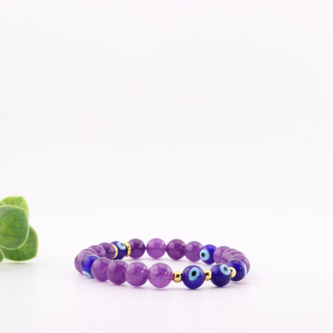 Natural Amethyst & Evil Eye Bead Bracelet - 8mm, Protection & Spiritual Harmony