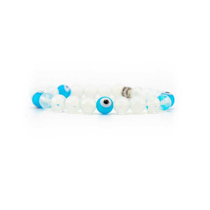 Natural Clear Quartz & Lampwork Evil Eye Charm Bracelet - 8mm Beads, Crystal Healer