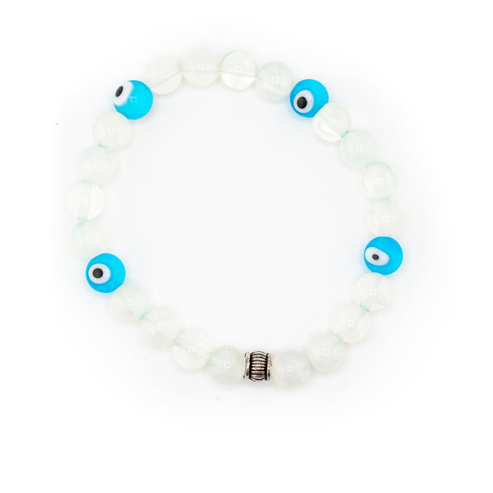 Natural Clear Quartz & Lampwork Evil Eye Charm Bracelet - 8mm Beads, Crystal Healer