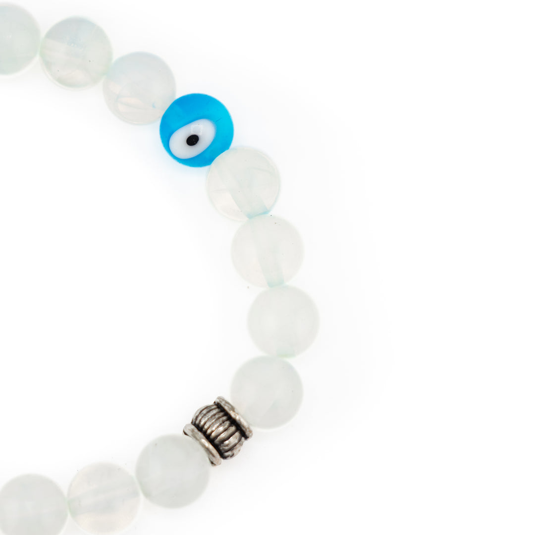 Natural Clear Quartz & Lampwork Evil Eye Charm Bracelet - 8mm Beads, Crystal Healer