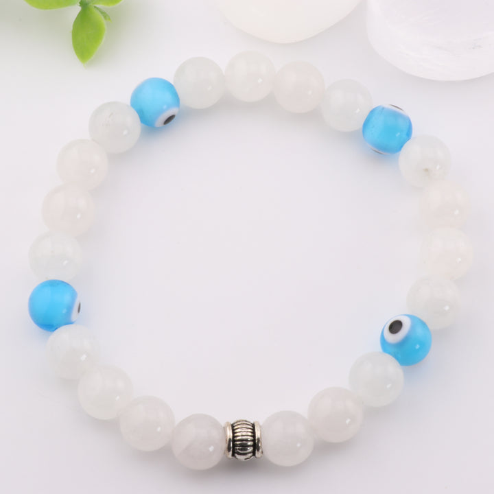 Natural Clear Quartz & Lampwork Evil Eye Charm Bracelet - 8mm Beads, Crystal Healer