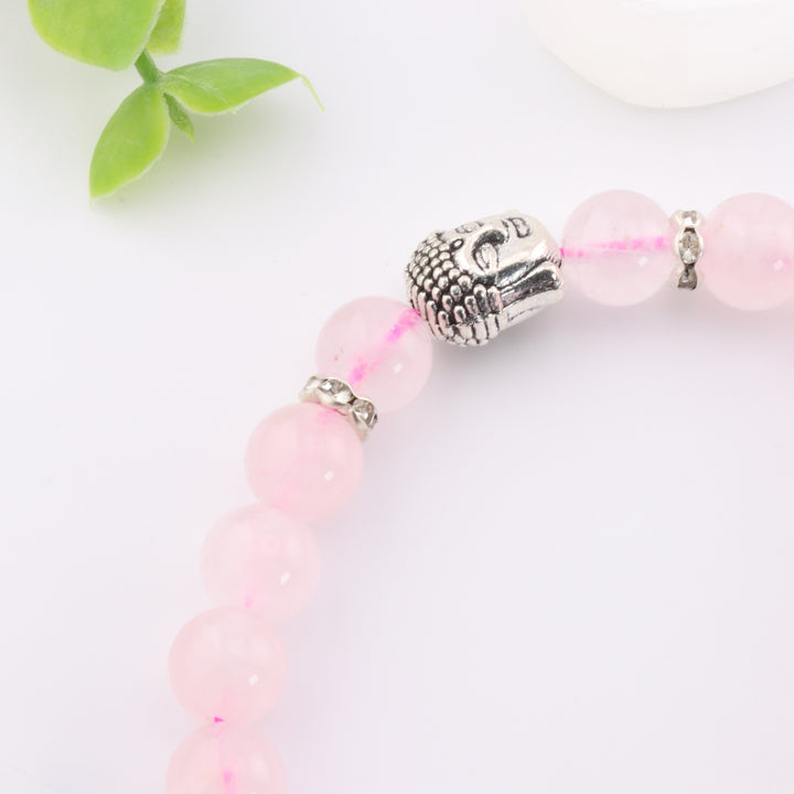 Natural Rose Quartz Bracelet Tasseled with Lotus & Buddha Head Alloy, 8 mm