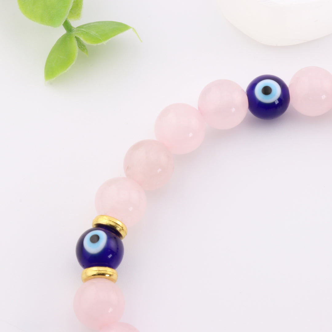 Natural Rose Quartz & Evil Eye Bead Bracelet, 8mm - Harmonizing Love Energy & Spiritual Healing