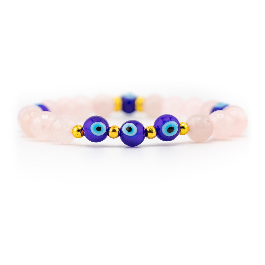 Natural Rose Quartz & Evil Eye Bead Bracelet, 8mm - Harmonizing Love Energy & Spiritual Healing