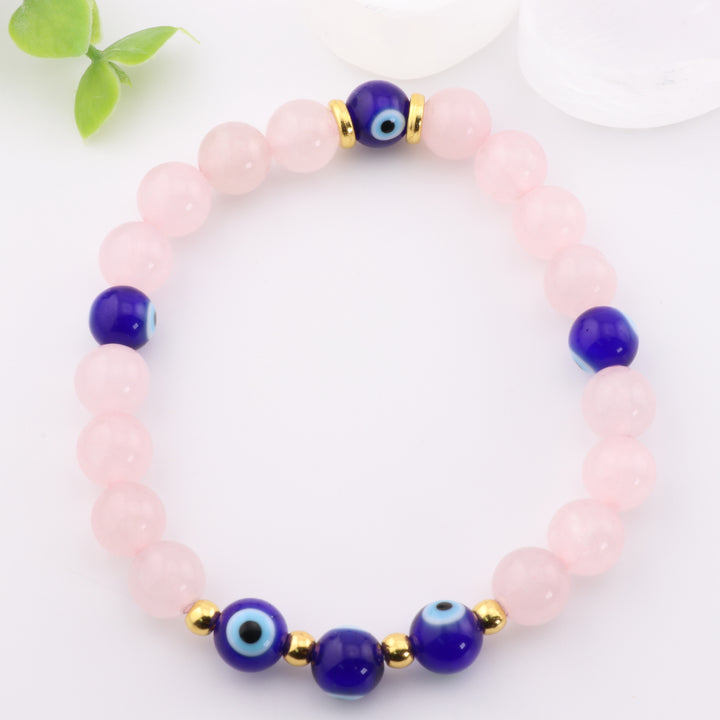 Natural Rose Quartz & Evil Eye Bead Bracelet, 8mm - Harmonizing Love Energy & Spiritual Healing