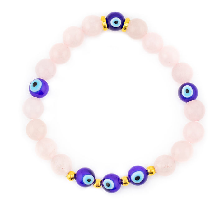 Natural Rose Quartz & Evil Eye Bead Bracelet, 8mm - Harmonizing Love Energy & Spiritual Healing