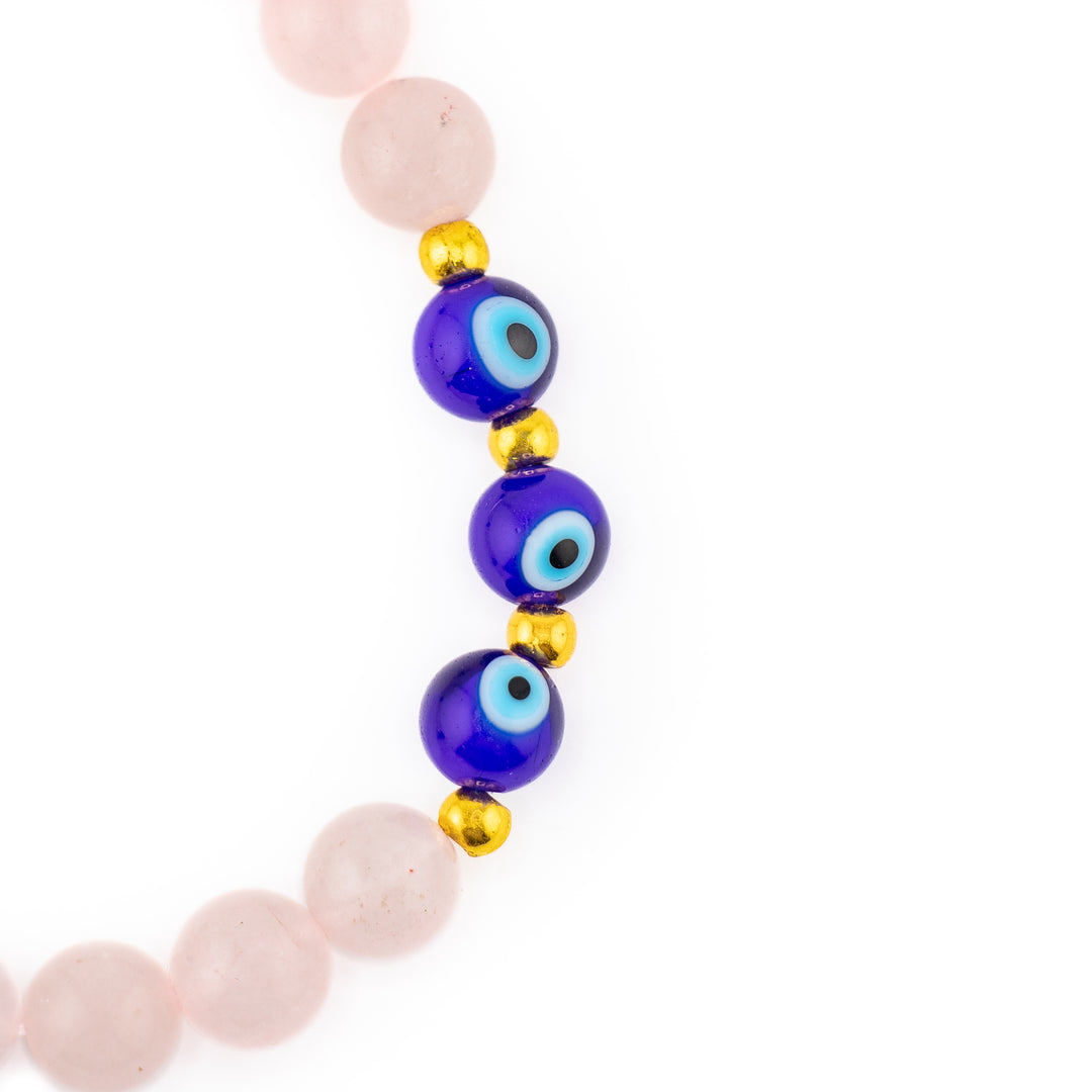 Natural Rose Quartz & Evil Eye Bead Bracelet, 8mm - Harmonizing Love Energy & Spiritual Healing