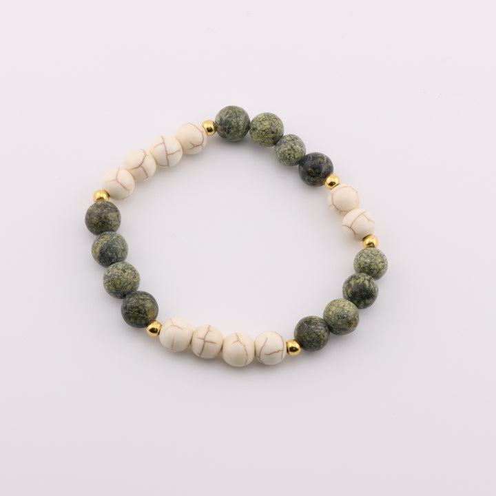 Pulsera de unakita y jaspe natural, cuentas de 8 mm, tonos tierra, accesorio de piedras preciosas artesanal.
