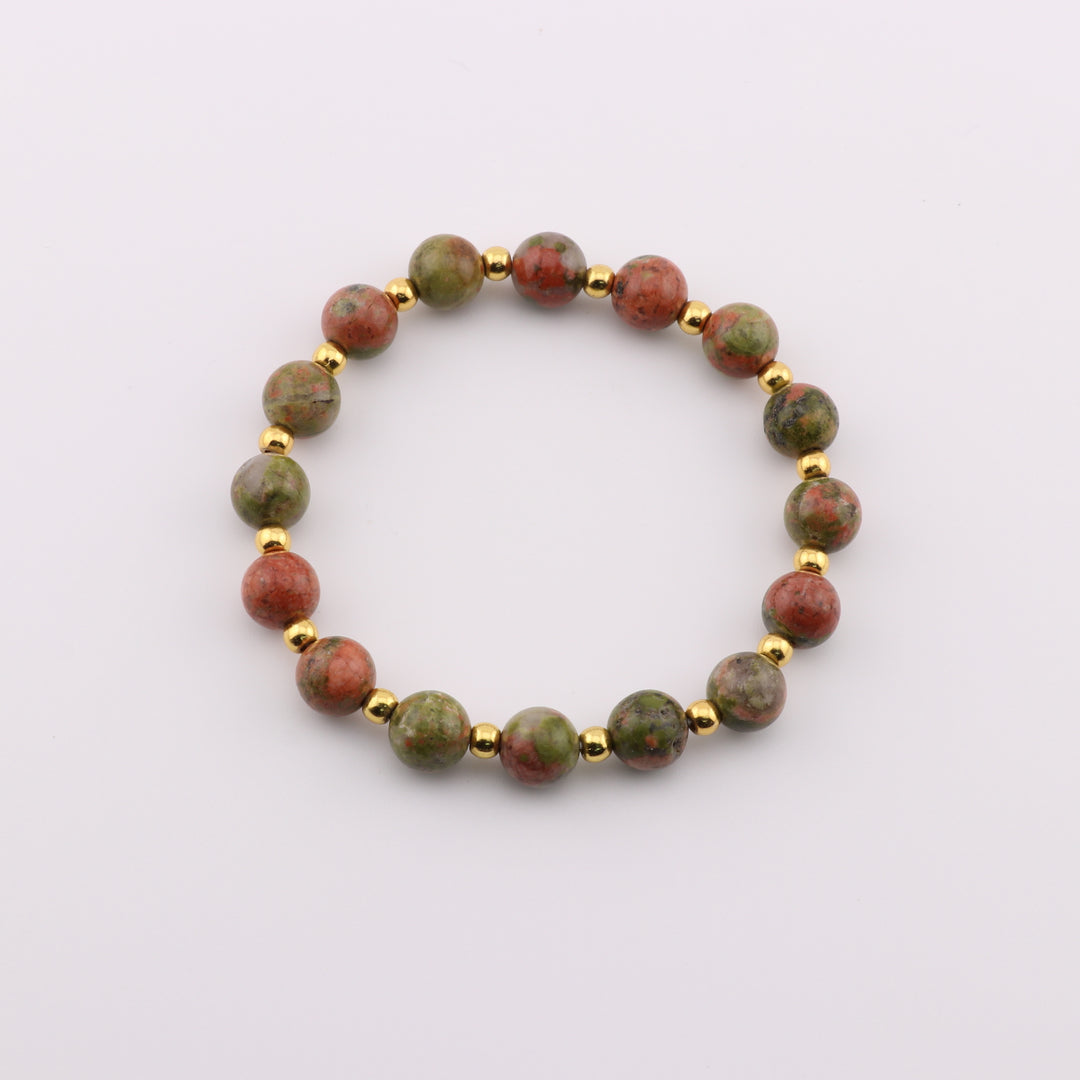 Pulsera de unakita y jaspe natural, cuentas de 8 mm, tonos tierra, accesorio de piedras preciosas artesanal.