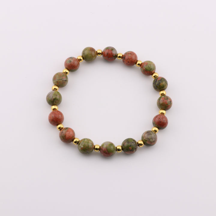 Pulsera de unakita y jaspe natural, cuentas de 8 mm, tonos tierra, accesorio de piedras preciosas artesanal.