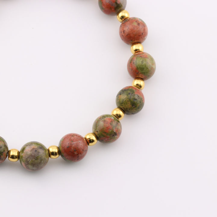 Pulsera de unakita y jaspe natural, cuentas de 8 mm, tonos tierra, accesorio de piedras preciosas artesanal.