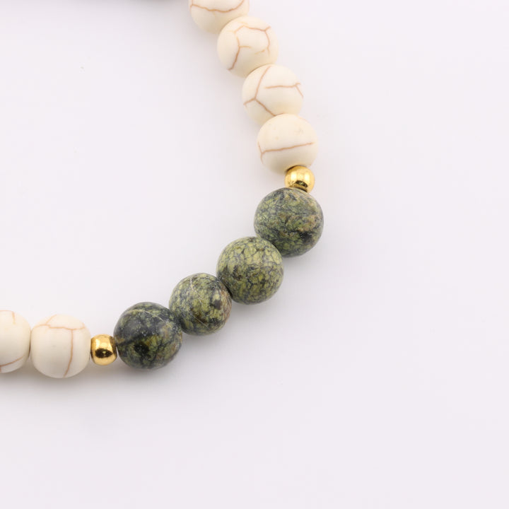 Pulsera de unakita y jaspe natural, cuentas de 8 mm, tonos tierra, accesorio de piedras preciosas artesanal.