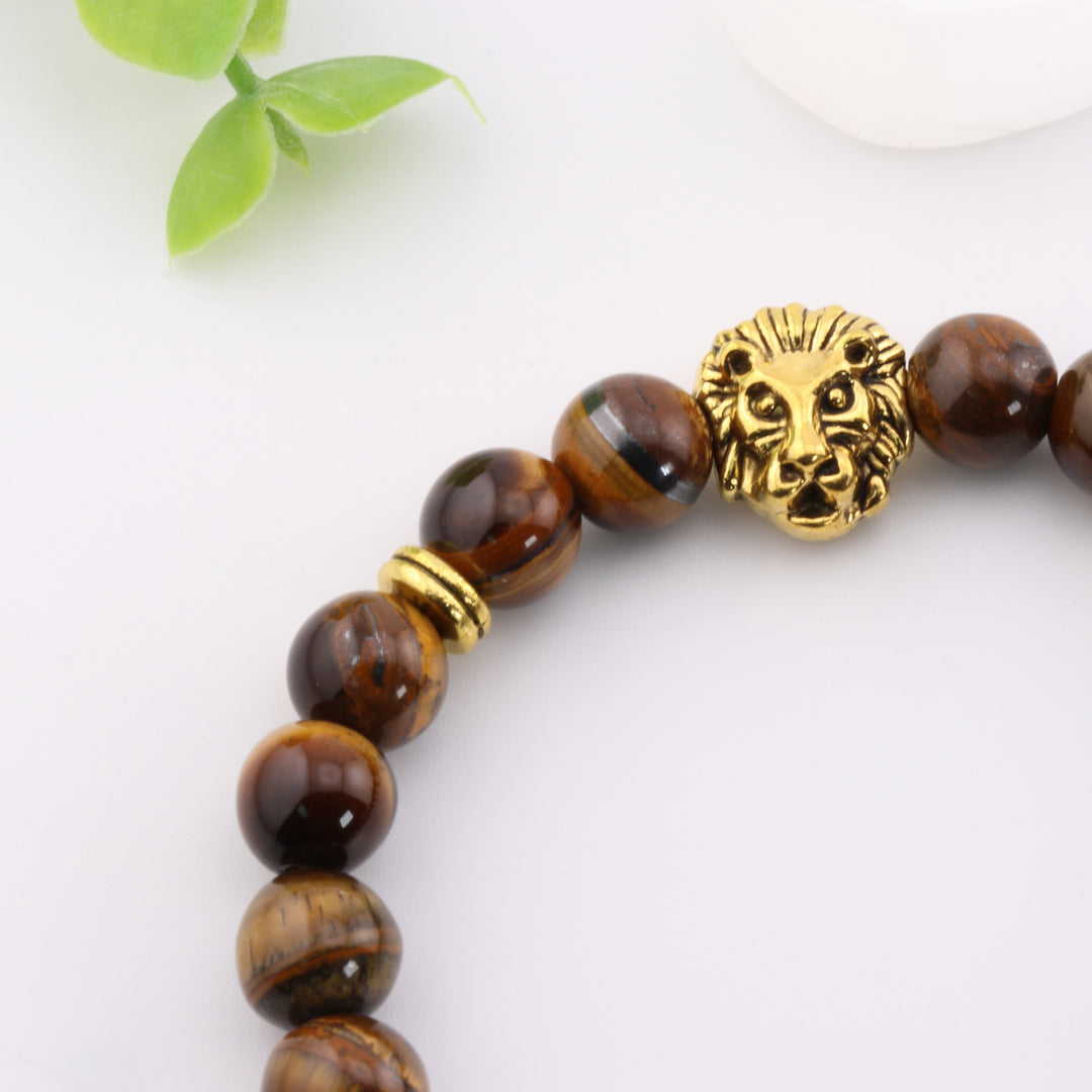 Natural Tiger Eye Bracelet - Luxurious Gold Tone Tiger Head Alloy, 8mm