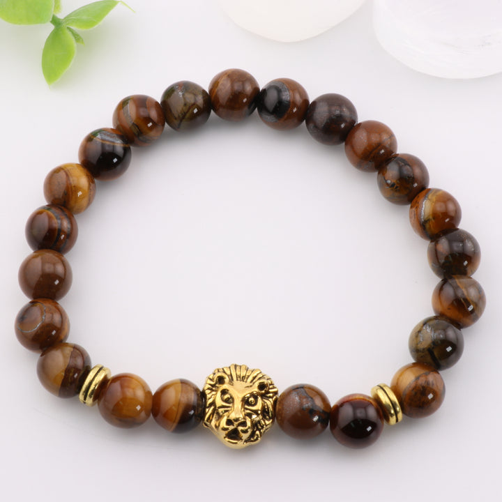 Natural Tiger Eye Bracelet - Luxurious Gold Tone Tiger Head Alloy, 8mm