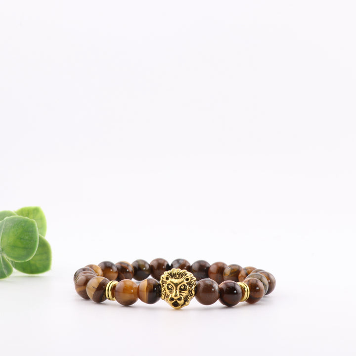 Natural Tiger Eye Bracelet - Luxurious Gold Tone Tiger Head Alloy, 8mm