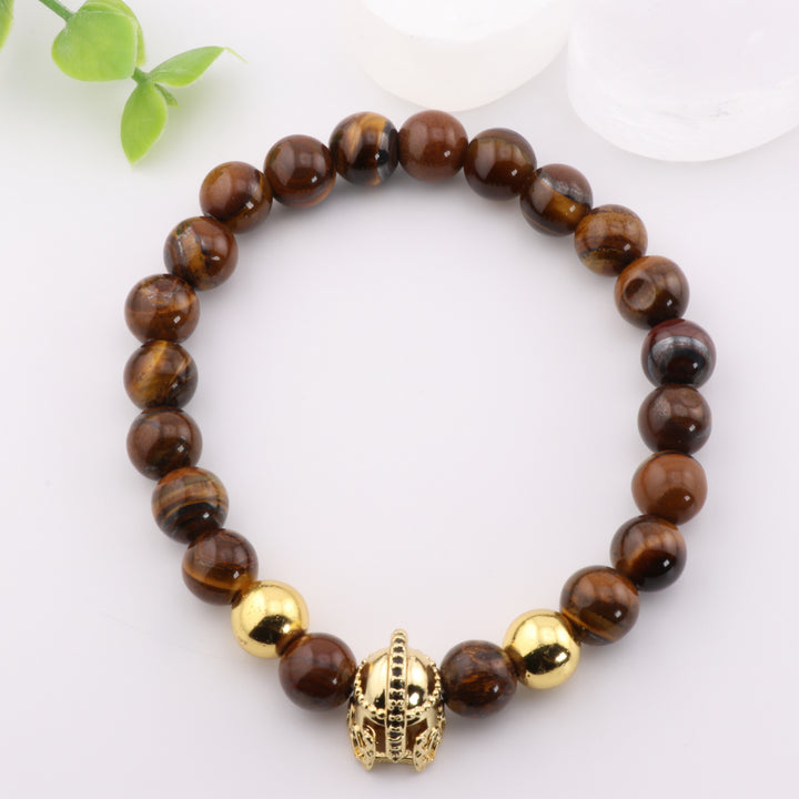 Natural Tiger Eye Bracelet - Gold Tone Ancient Helmet Charm, 8mm Beads - Harmony & Balance